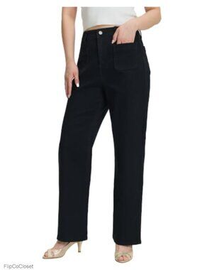 Women's High Waisted Straight Leg Stretch Denim Jeans Patch Pockets
